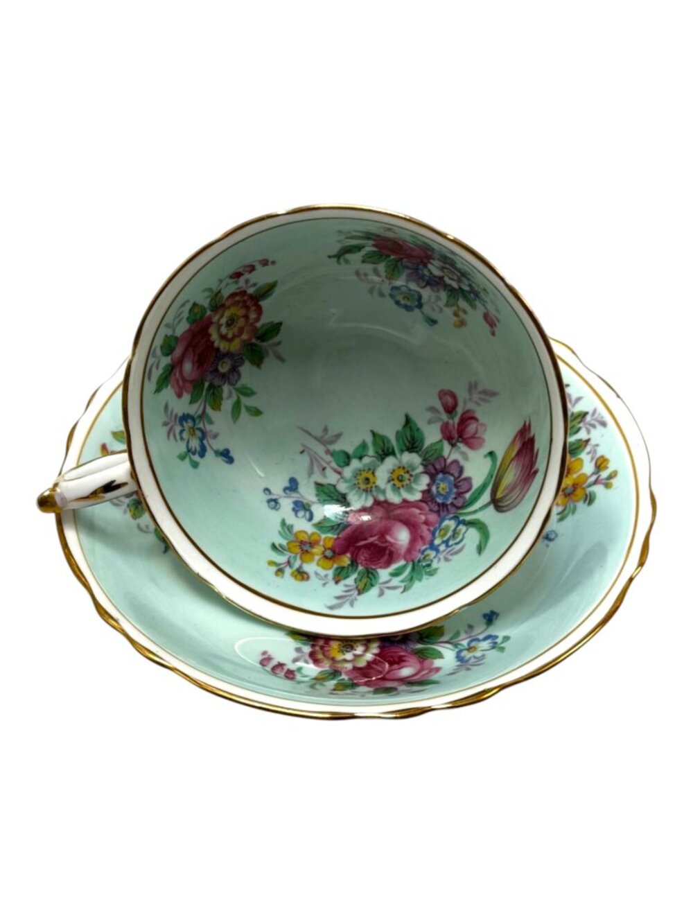 Paragon Double Warrant Teacup Saucer Mint Green Floral Bone China Vintage 40s UK